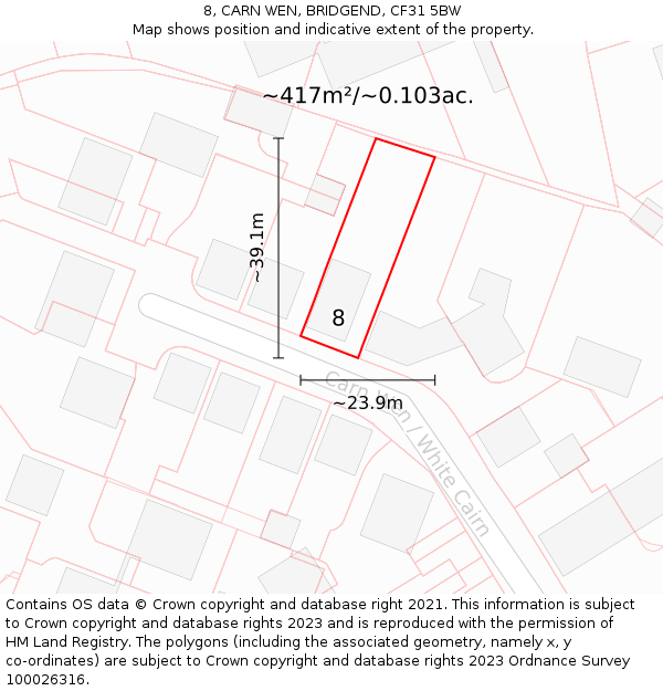 8, CARN WEN, BRIDGEND, CF31 5BW: Plot and title map