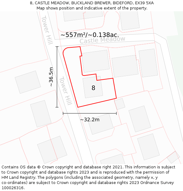 8, CASTLE MEADOW, BUCKLAND BREWER, BIDEFORD, EX39 5XA: Plot and title map