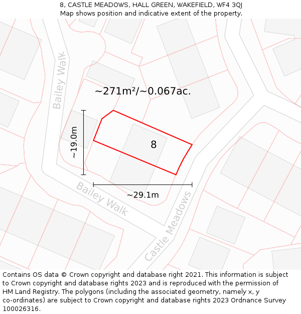 8, CASTLE MEADOWS, HALL GREEN, WAKEFIELD, WF4 3QJ: Plot and title map