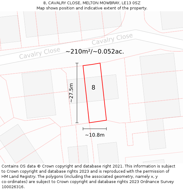 8, CAVALRY CLOSE, MELTON MOWBRAY, LE13 0SZ: Plot and title map