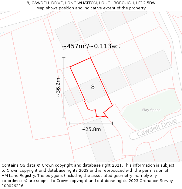 8, CAWDELL DRIVE, LONG WHATTON, LOUGHBOROUGH, LE12 5BW: Plot and title map