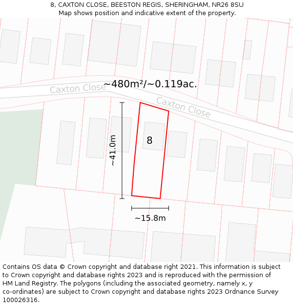 8, CAXTON CLOSE, BEESTON REGIS, SHERINGHAM, NR26 8SU: Plot and title map