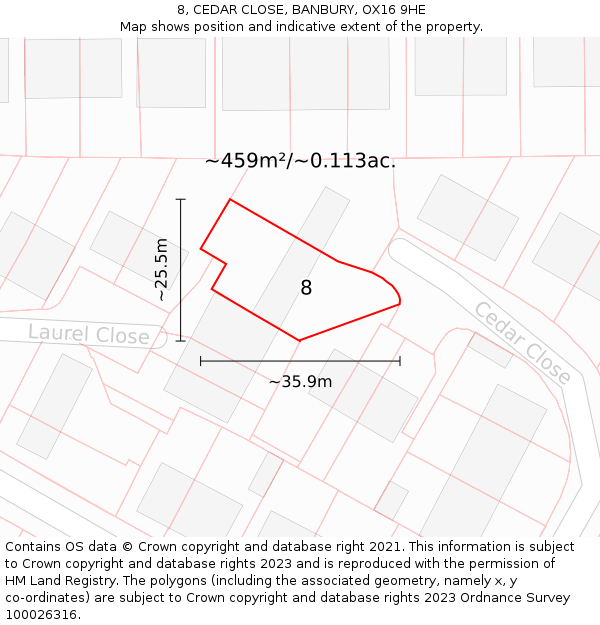 8, CEDAR CLOSE, BANBURY, OX16 9HE: Plot and title map