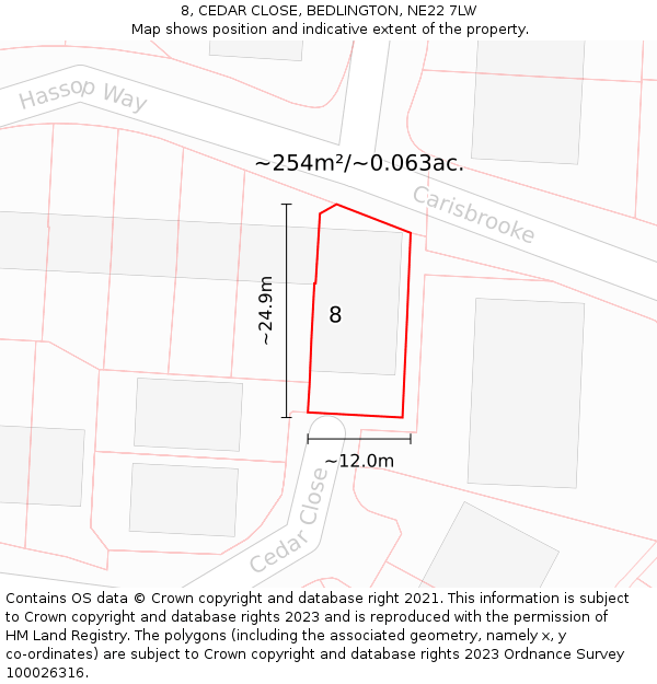 8, CEDAR CLOSE, BEDLINGTON, NE22 7LW: Plot and title map