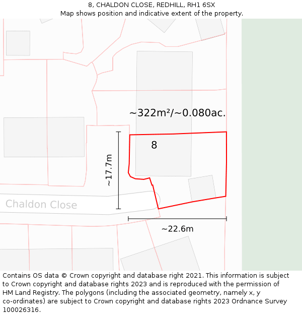 8, CHALDON CLOSE, REDHILL, RH1 6SX: Plot and title map