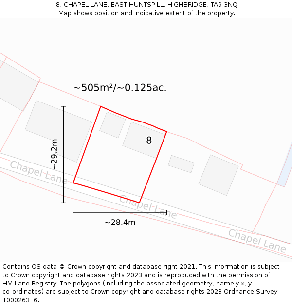 8, CHAPEL LANE, EAST HUNTSPILL, HIGHBRIDGE, TA9 3NQ: Plot and title map