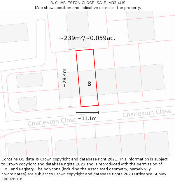 8, CHARLESTON CLOSE, SALE, M33 4US: Plot and title map