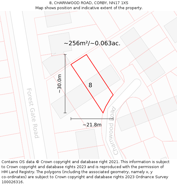 8, CHARNWOOD ROAD, CORBY, NN17 1XS: Plot and title map