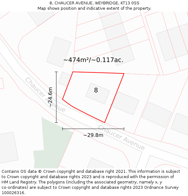 8, CHAUCER AVENUE, WEYBRIDGE, KT13 0SS: Plot and title map