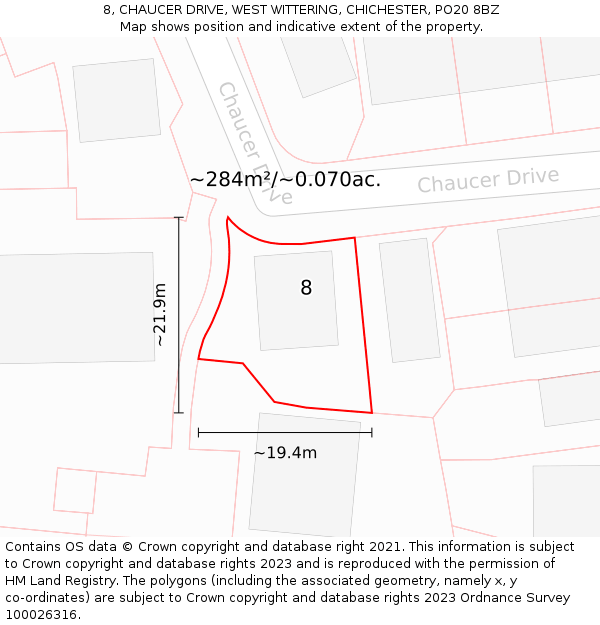 8, CHAUCER DRIVE, WEST WITTERING, CHICHESTER, PO20 8BZ: Plot and title map