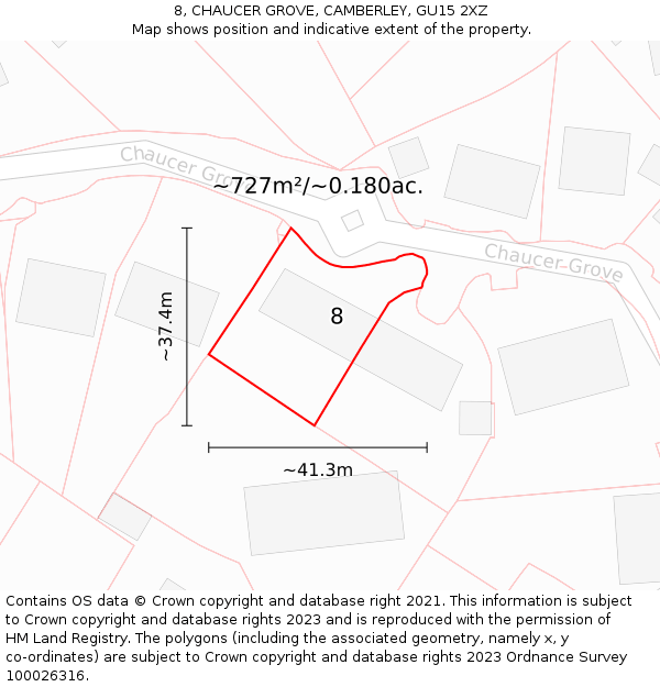 8, CHAUCER GROVE, CAMBERLEY, GU15 2XZ: Plot and title map