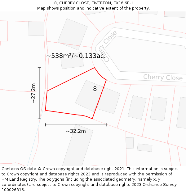 8, CHERRY CLOSE, TIVERTON, EX16 6EU: Plot and title map