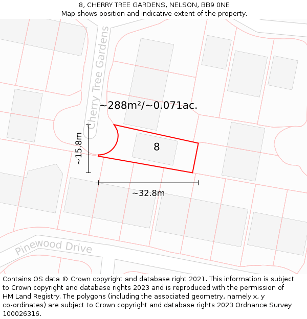 8, CHERRY TREE GARDENS, NELSON, BB9 0NE: Plot and title map