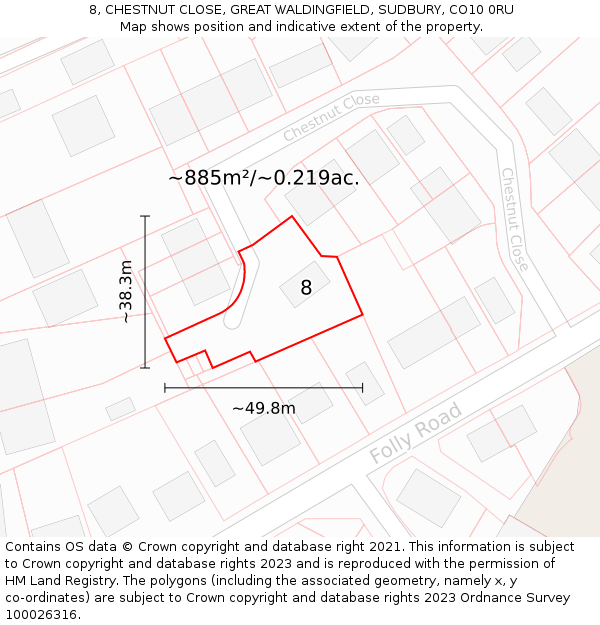 8, CHESTNUT CLOSE, GREAT WALDINGFIELD, SUDBURY, CO10 0RU: Plot and title map