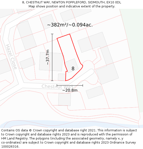 8, CHESTNUT WAY, NEWTON POPPLEFORD, SIDMOUTH, EX10 0DL: Plot and title map