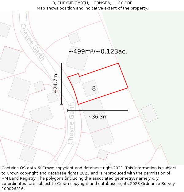 8, CHEYNE GARTH, HORNSEA, HU18 1BF: Plot and title map