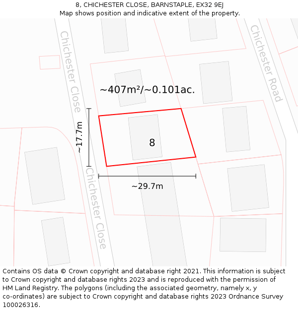 8, CHICHESTER CLOSE, BARNSTAPLE, EX32 9EJ: Plot and title map