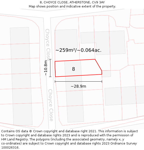 8, CHOYCE CLOSE, ATHERSTONE, CV9 3AY: Plot and title map