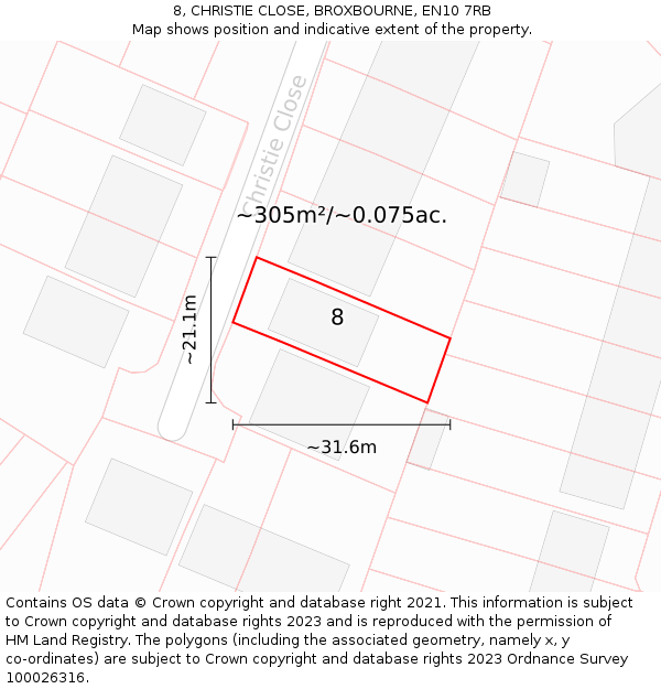 8, CHRISTIE CLOSE, BROXBOURNE, EN10 7RB: Plot and title map