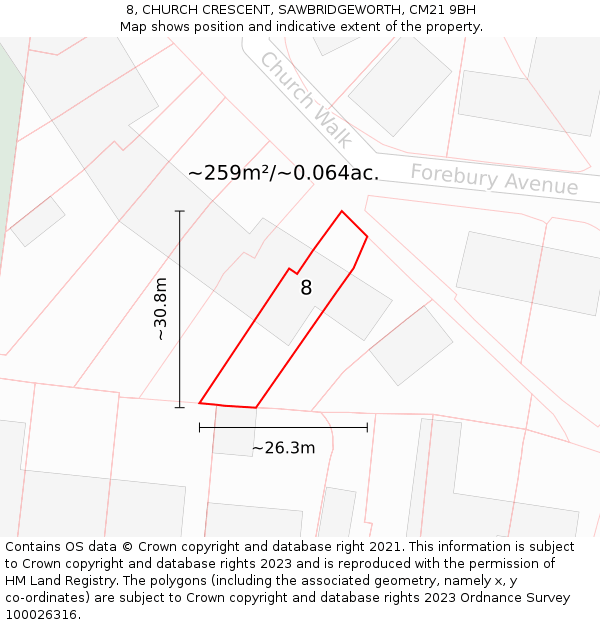 8, CHURCH CRESCENT, SAWBRIDGEWORTH, CM21 9BH: Plot and title map