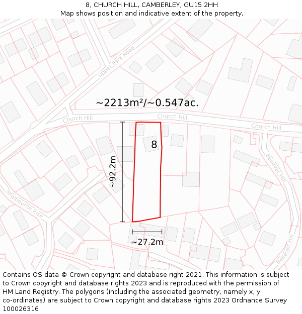 8, CHURCH HILL, CAMBERLEY, GU15 2HH: Plot and title map