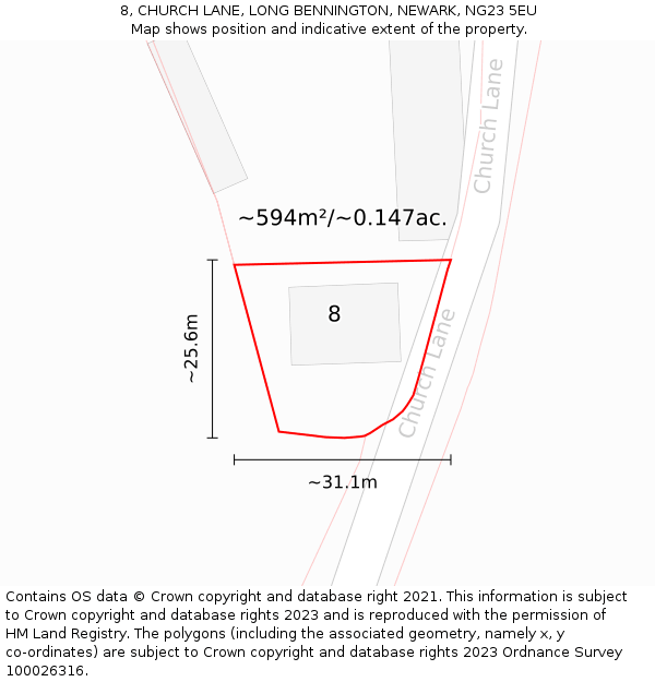 8, CHURCH LANE, LONG BENNINGTON, NEWARK, NG23 5EU: Plot and title map