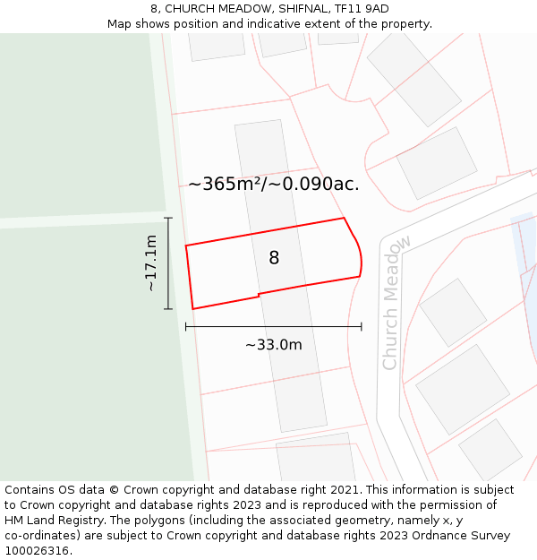 8, CHURCH MEADOW, SHIFNAL, TF11 9AD: Plot and title map
