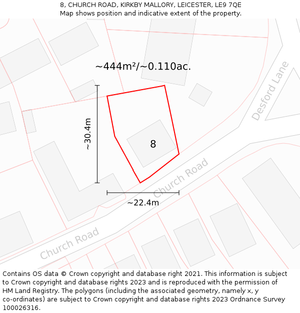 8, CHURCH ROAD, KIRKBY MALLORY, LEICESTER, LE9 7QE: Plot and title map