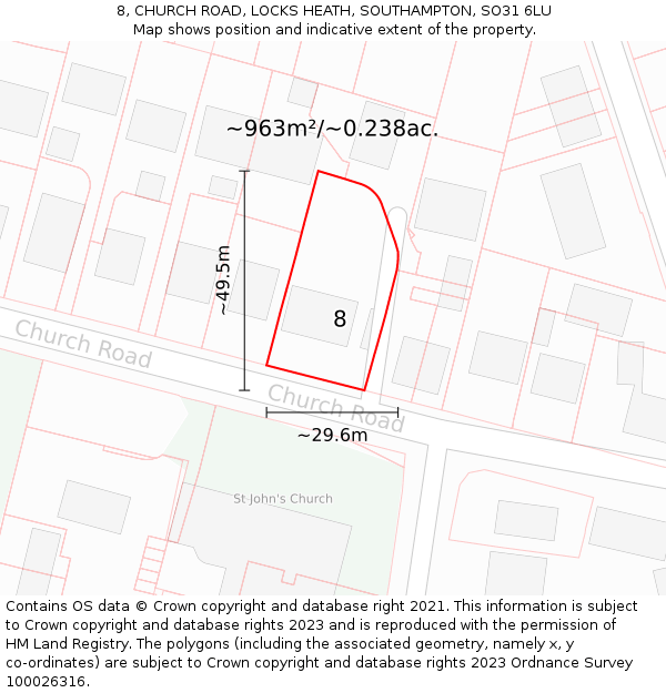 8, CHURCH ROAD, LOCKS HEATH, SOUTHAMPTON, SO31 6LU: Plot and title map