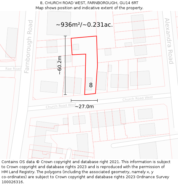 8, CHURCH ROAD WEST, FARNBOROUGH, GU14 6RT: Plot and title map