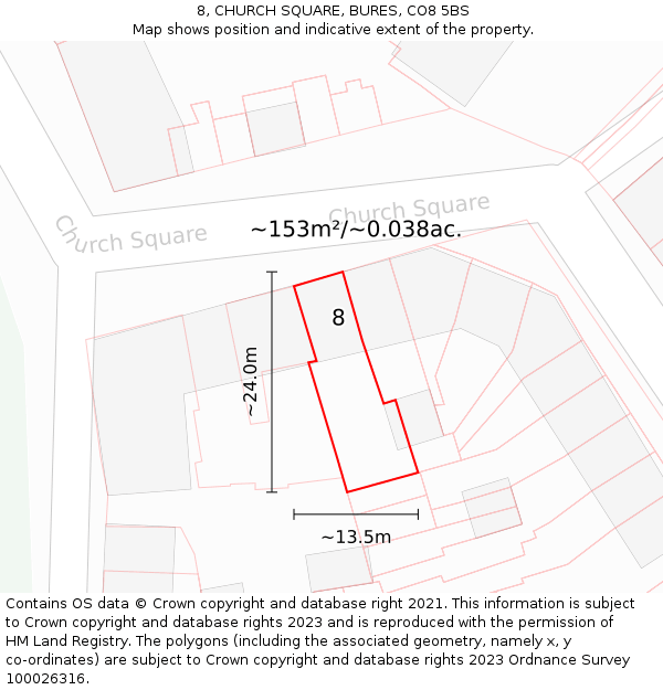 8, CHURCH SQUARE, BURES, CO8 5BS: Plot and title map