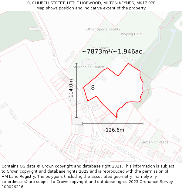 8, CHURCH STREET, LITTLE HORWOOD, MILTON KEYNES, MK17 0PF: Plot and title map