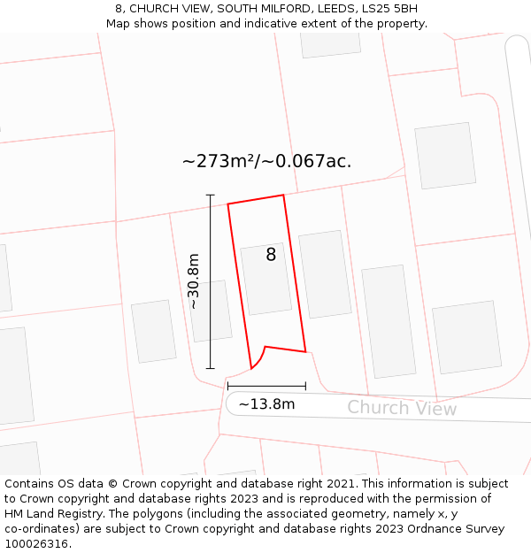 8, CHURCH VIEW, SOUTH MILFORD, LEEDS, LS25 5BH: Plot and title map