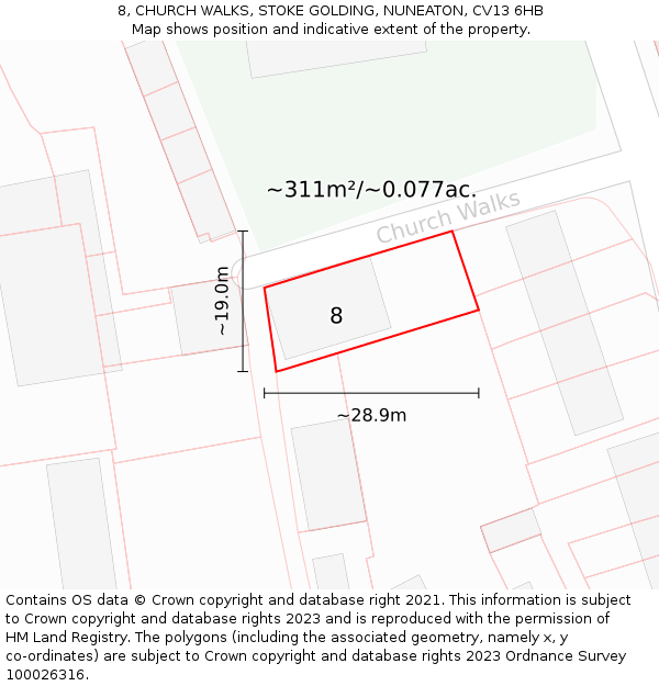 8, CHURCH WALKS, STOKE GOLDING, NUNEATON, CV13 6HB: Plot and title map