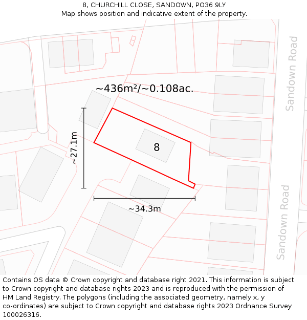 8, CHURCHILL CLOSE, SANDOWN, PO36 9LY: Plot and title map