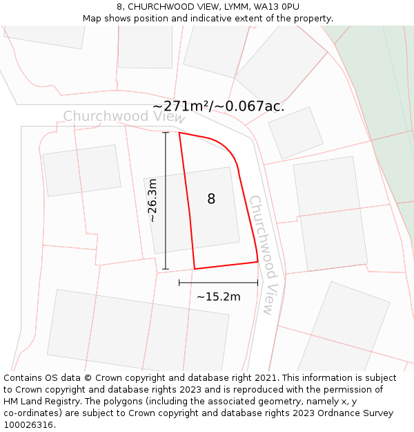 8, CHURCHWOOD VIEW, LYMM, WA13 0PU: Plot and title map