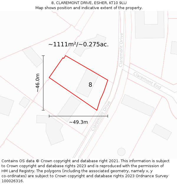 8, CLAREMONT DRIVE, ESHER, KT10 9LU: Plot and title map