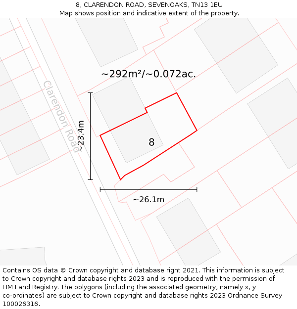 8, CLARENDON ROAD, SEVENOAKS, TN13 1EU: Plot and title map