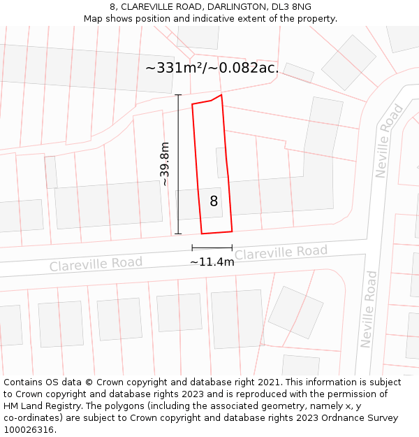 8, CLAREVILLE ROAD, DARLINGTON, DL3 8NG: Plot and title map