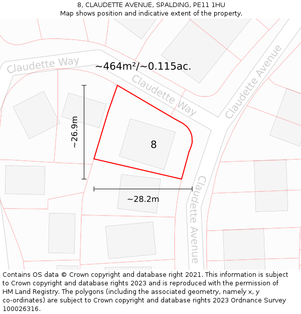 8, CLAUDETTE AVENUE, SPALDING, PE11 1HU: Plot and title map