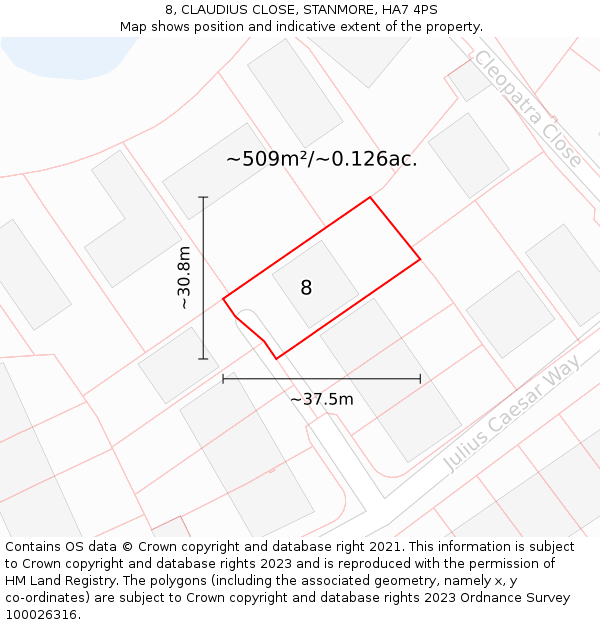 8, CLAUDIUS CLOSE, STANMORE, HA7 4PS: Plot and title map