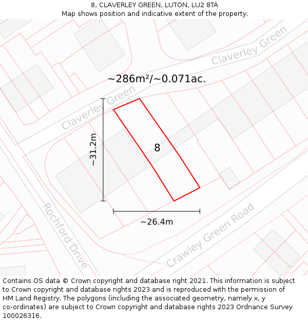 8, CLAVERLEY GREEN, LUTON, LU2 8TA: Plot and title map