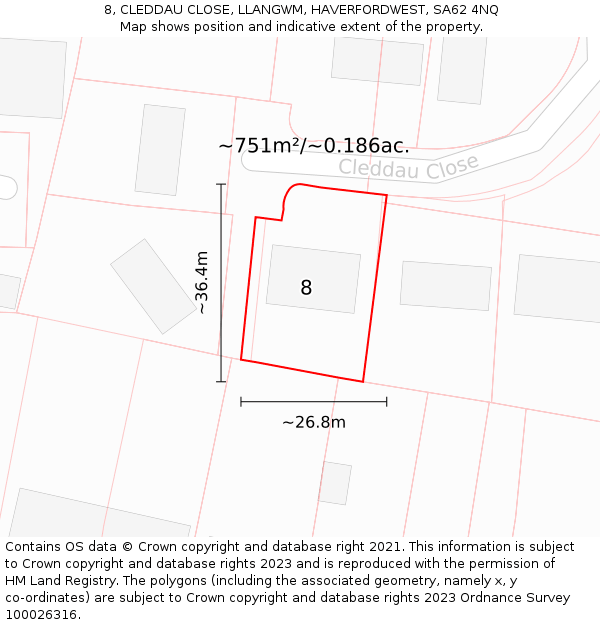 8, CLEDDAU CLOSE, LLANGWM, HAVERFORDWEST, SA62 4NQ: Plot and title map