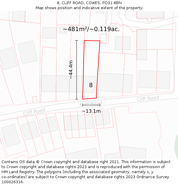 8, CLIFF ROAD, COWES, PO31 8BN: Plot and title map