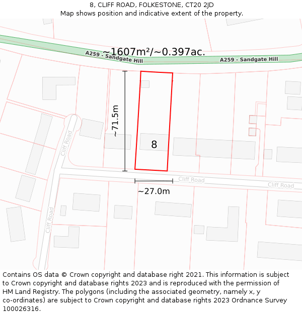 8, CLIFF ROAD, FOLKESTONE, CT20 2JD: Plot and title map