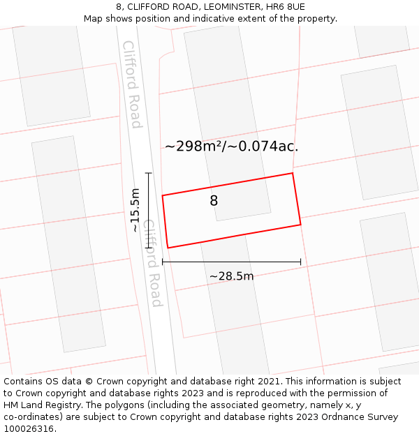 8, CLIFFORD ROAD, LEOMINSTER, HR6 8UE: Plot and title map