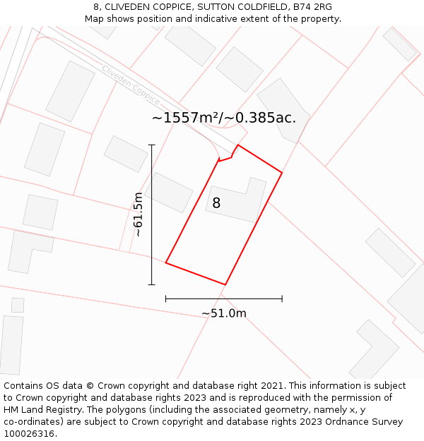 8, CLIVEDEN COPPICE, SUTTON COLDFIELD, B74 2RG: Plot and title map