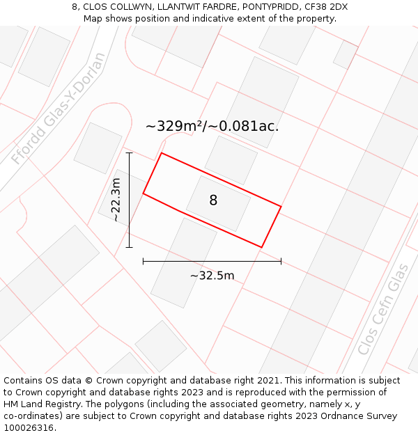 8, CLOS COLLWYN, LLANTWIT FARDRE, PONTYPRIDD, CF38 2DX: Plot and title map