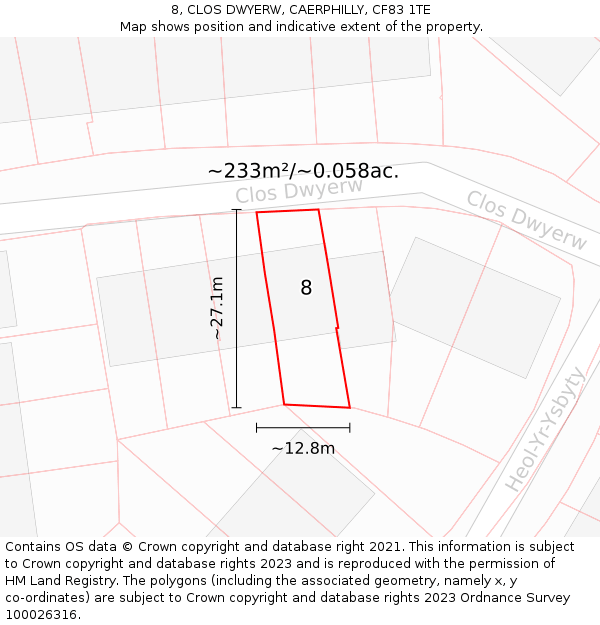 8, CLOS DWYERW, CAERPHILLY, CF83 1TE: Plot and title map