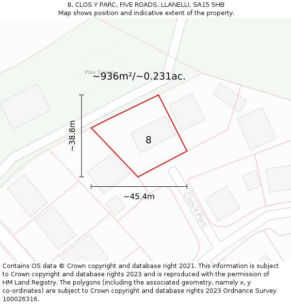 8, CLOS Y PARC, FIVE ROADS, LLANELLI, SA15 5HB: Plot and title map